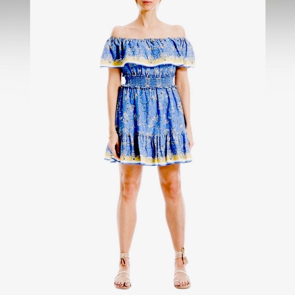 Max Studio Blue and Yellow Off-Shoulder Mini Dress​
